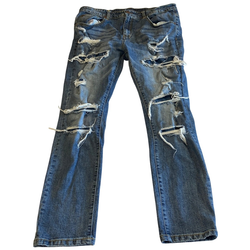 Grindhouse Denim Jeans Men 36x30 Distressed Ripped Shredded Blue Slim Streetwear
